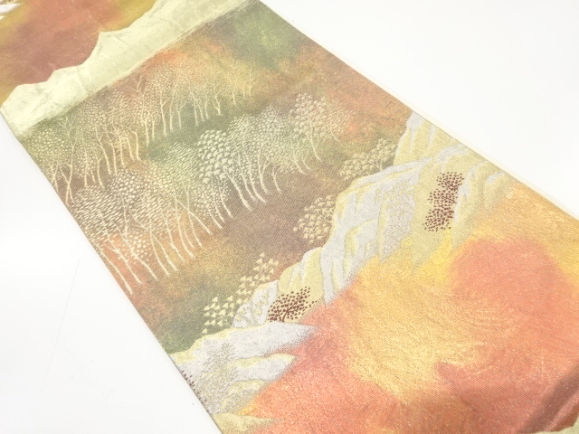 JAPANESE KIMONO / ANTIQUE FUKURO OBI / SILK / WOVEN DISTANT MOUNTAINS